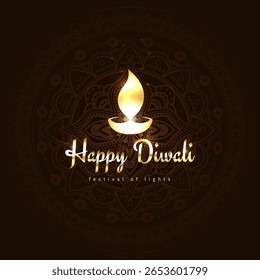 Happy diwali vector holiday greeting card. Diwali festive card with golden lamp symbol. Gold icon. Design template on dark brown background with mandala. Vector illustration