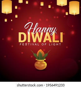 Happy Diwali, Vektorgrafik und Hintergrund mit kreativer Kalash- und Diwali-Lampe