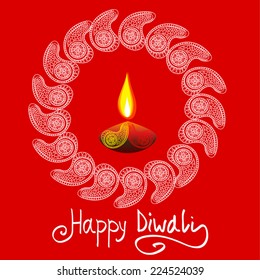 Happy Diwali Vector illustration. Beautiful ornamented diya with flame in paisleys circle. For Indian festival of lights Diwali. Diwali greeting card  on red background. For greeting, as invitation.