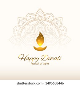 Happy diwali vector illustration. Design template with light festive golden background. Festive diwali card. White background with mandala. Vector holiday illustration