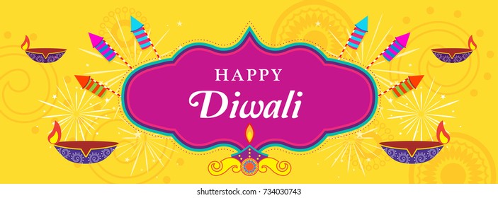 Happy Diwali Vector illustration, Diwali diya (oil lamp) with fireworks. Design for Social media header templates.
