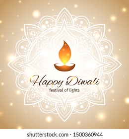 Happy diwali vector illustration. Festive diwali card. Design template with light festive golden background. Shining background with mandala and lights. Vector holiday illustration