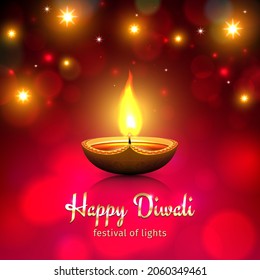 Happy diwali vector illustration. Festive diwali card. Design template with lamp, golden lights, bokeh background. Red gold background. Vector holiday illustration