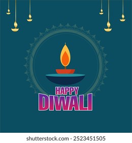Happy diwali vector illustration. Festive diwali card. Design template with lamp, golden lights, colorful background. Blue magenta background, mandala