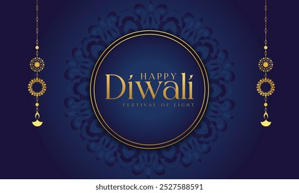 Feliz Ilustración vectorial diwali. Tarjeta de diwali festiva. Plantilla de diseño con lámpara, luces doradas, fondo colorido. Mandala. Ilustración de vacaciones de Vector