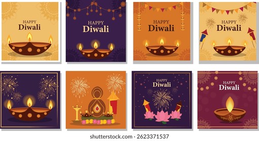 Happy Diwali Vector Illustration Set - Diyas, Fireworks and Festive Graphics