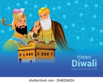 Happy Diwali Vector Illustration Of Sikh Guru And Golden Temple And Background