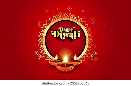 Diseño de tipografía feliz del vector Diwali. Festival tradicional indio Diwali. Vintage de lujo dorado con velas ardientes sobre fondo rojo.