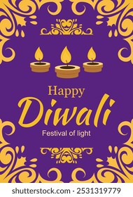 happy diwali vertical banner design with gold frame	