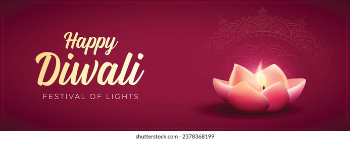 Happy Diwali Website header or banner design with realistic Diya Burning Lamp. Diwali Celebration Cover Design Vector Illustration