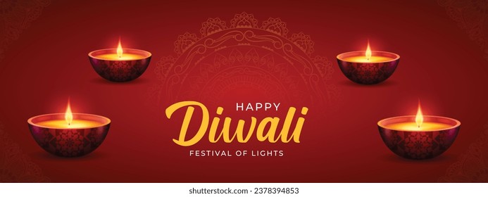 Happy Diwali Website header or banner design with realistic Diya Burning Lamp. Diwali Celebration Cover Design