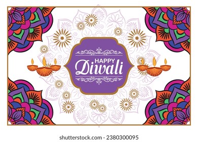  Happy Diwali Website header or banner design with realistic oil lamp Graphic of Indian Rangoli, festival of lights colorful banner template design with decorative diya lamp style of Indian Rangoli