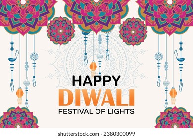  Happy Diwali Website header or banner design with realistic oil lamp Graphic of Indian Rangoli, festival of lights colorful banner template design with decorative diya lamp style of Indian Rangoli