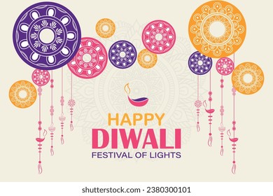  Happy Diwali Website header or banner design with realistic oil lamp Graphic of Indian Rangoli, festival of lights colorful banner template design with decorative diya lamp style of Indian Rangoli