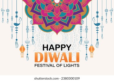  Happy Diwali Website header or banner design with realistic oil lamp Graphic of Indian Rangoli, festival of lights colorful banner template design with decorative diya lamp style of Indian Rangoli