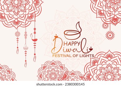  Happy Diwali Website header or banner design with realistic oil lamp Graphic of Indian Rangoli, festival of lights colorful banner template design with decorative diya lamp style of Indian Rangoli