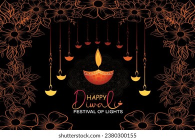  Happy Diwali Website header or banner design with realistic oil lamp Graphic of Indian Rangoli, festival of lights colorful banner template design with decorative diya lamp style of Indian Rangoli