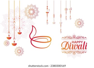  Happy Diwali Website header or banner design with realistic oil lamp Graphic of Indian Rangoli, festival of lights colorful banner template design with decorative diya lamp style of Indian Rangoli