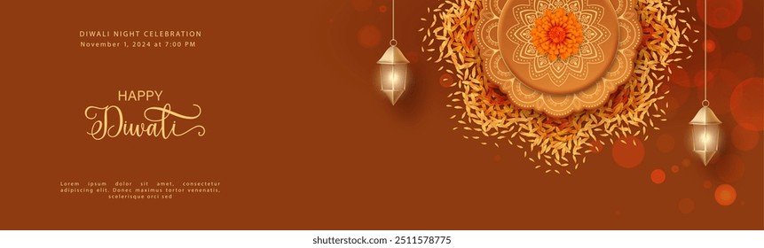 Cabeçalho ou banner do website Happy diwali. Festival Deepavali das Luzes. Lâmpadas de óleo penduradas tradicionais e padrão de rangoli feito com flores e pétalas de calêndula