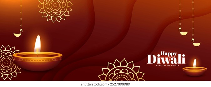 happy diwali wishes banner with glowing diya vector