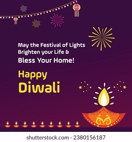 Happy Diwali Wishes Creative Social Media post. Diwali Festive Lights Background Template