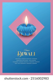 Happy Diwali Wishes Greeting card  with paper style premium looking diya. 