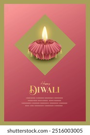 Happy Diwali Wishes Greeting card  with paper style premium looking diya. 