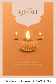 Tarjeta de felicitación de los deseos de Diwali feliz con diya de aspecto premium.