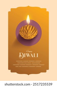 Happy diwali wishes greeting card with paper style premium diya.