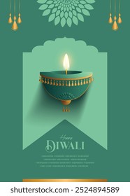 Feliz Diwali deseja cartão de felicitações com premium olhando diya.