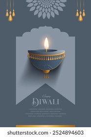 Feliz Diwali deseja cartão de felicitações com premium olhando diya.