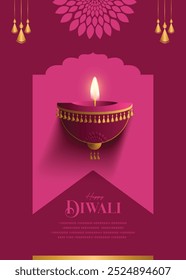 Feliz Diwali deseja cartão de felicitações com premium olhando diya.