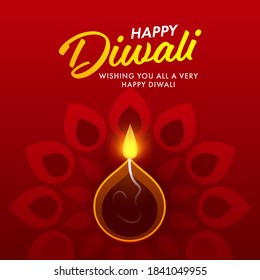 Happy Diwali Wishing Card with Top View Lit Oil Lamp (Diya) on Red Background.