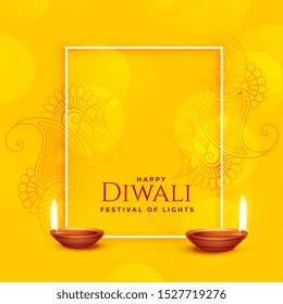 happy diwali yellow background with diya decoration