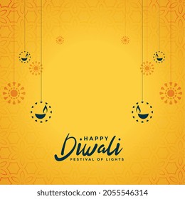 happy diwali yellow background with flat hanging diya design