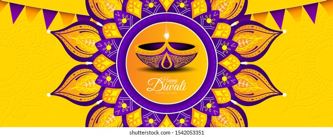 Happy diwali yellow background with mandala vector illustration