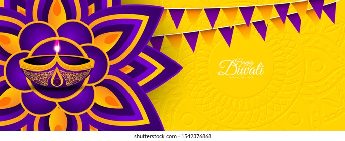 Happy Diwali Yellow Background With Mandala Vector Illustration