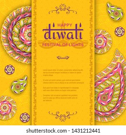 Happy Diwali yellow template with floral paisley and mandala. Flower and leaves patterns. Festival of lights. Vector illustration.