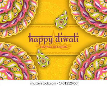 Happy Diwali yellow template with floral paisley and mandala. Flower and leaves patterns. Festival of lights. Vector illustration.