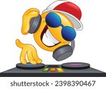 Happy DJ emoji emoticon with headphones and sunglasses, playing and mixing electronic music on the turntables deck