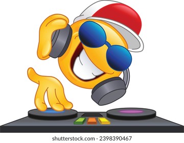 Happy DJ emoji emoticon with headphones and sunglasses, playing and mixing electronic music on the turntables deck