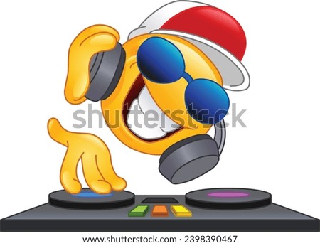 Happy DJ emoji emoticon with headphones and sunglasses, playing and mixing electronic music on the turntables deck