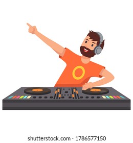 Happy DJ is having fun at the club, posing and leaning, playing music