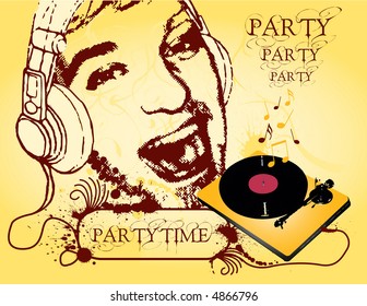 Happy DJ with headphones & turntable conected to text frame, good for party flyer, poster and so om - vector