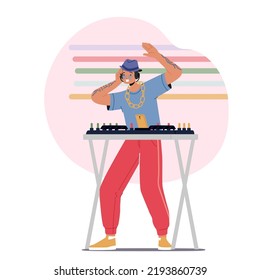 Happy Dj Male Character in Headphones Perform Disco Music Entertainment. Man with Tattoo on Hands Use Deck and Mixer Equipment during Night Club Party. Cartoon People Vector Illustration