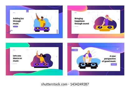 Happy Dj Male and Female Characters Website Landing Page Set. Men and Women with Headphones Playing and Mixing Music at Night Club Disco Party Web Page. Cartoon Flat Vector Illustration, Banner