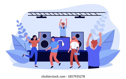 Happy DJ playing music at turntable. Cheerful young people dancing at party flat vector illustration. Entertainment, youth, fun concept for banner, website design or landing web page