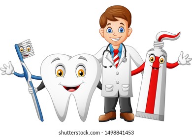 Happy Doctor Cartoon Teeth Toothpaste Toothbrushes Stock Vector ...