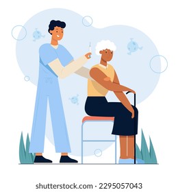 Happy doctor gives vaccine intramuscularly into arm of elderly grandmother with crutch sitting in hospital. Immunizing population. Cartoon vector illustration on white background