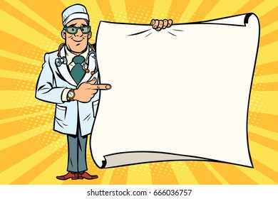 Happy doctor with glasses and copy space background